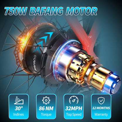 Y800  750W Motor  Fat Tire Electric Bike，32MPH, 40 Mile Range